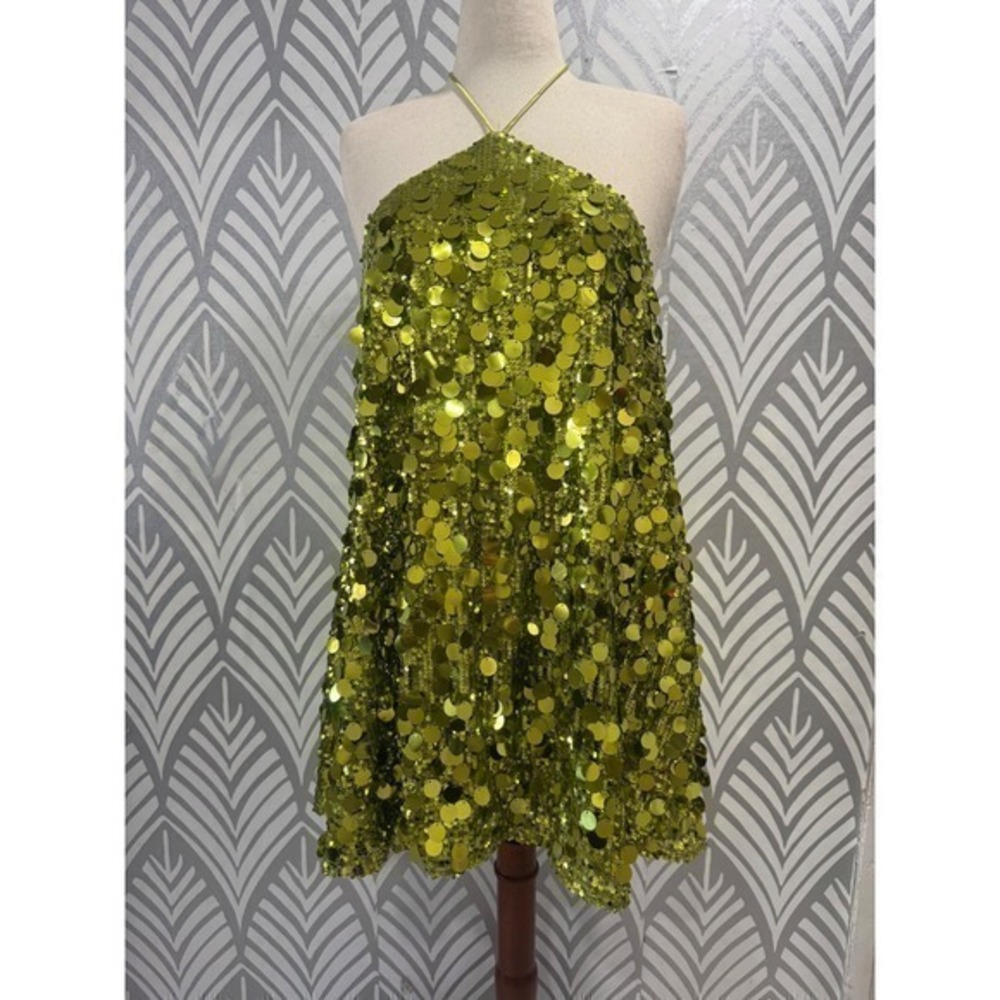 SOLD Princess Polly Fluorescent Green Sequin Halter Mini Dress Open Back Party 6 - Picture 7 of 8